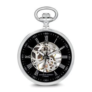 Charles Hubert Chrome Finish Open Face Black Skeleton Pocket Watch